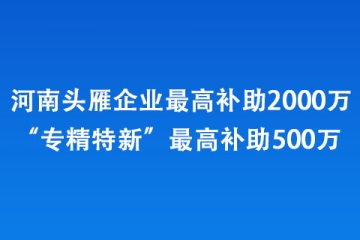 河南頭雁企業最高補助2000萬、“專精特新”最高補助500萬 