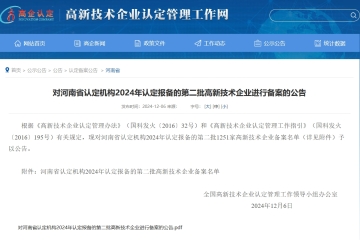 【公告】對河南省認定機構2024年認定報備的第二批高新技術企業進行備案的公告