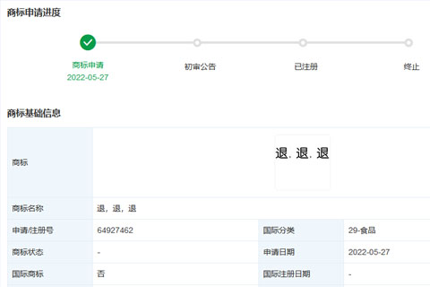 網(wǎng)紅“退,退,退”商標(biāo)被搶注?(29類(lèi)食品) 網(wǎng)紅“退,退,退”商標(biāo)被搶注?(29類(lèi)食品)